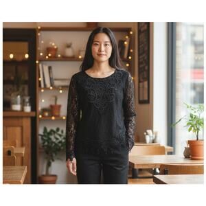 1980s Green Land Lace Top – Vintage Black Romantic Gothic Style Size M